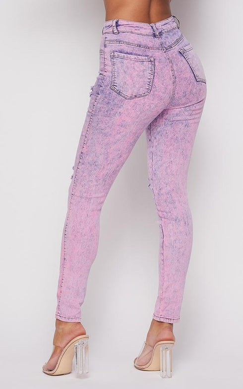 Acid Wash Slightly Ripped Stretchy Skinny Jeans - Lavender - SohoGirl.com